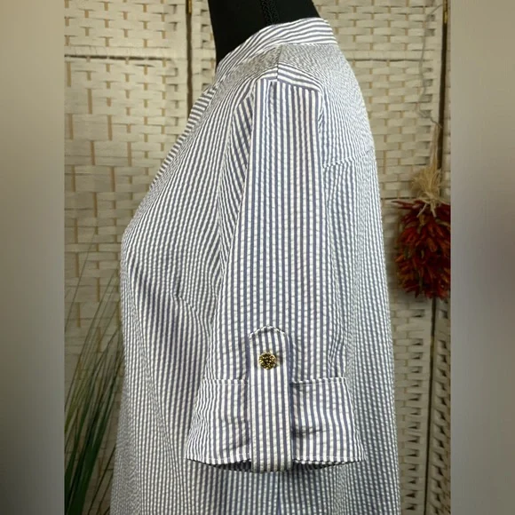 EUC Anne Klein SeerSucker Shirtdress w/Cuff Sleeves & Zipper Front- Sz 8 - Picture 4 of 7